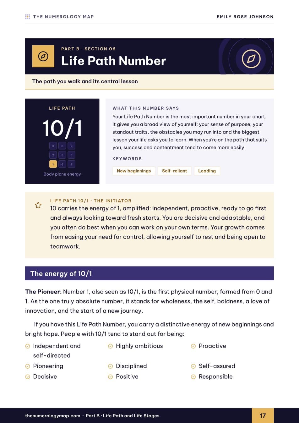 Sample report page: A page for every number: meaning, strengths, suggestions